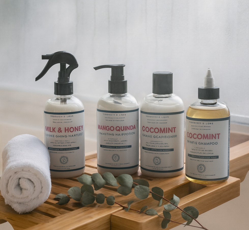 Set of haircare products including bottles and a towel on a wooden shelf with a neutral background.